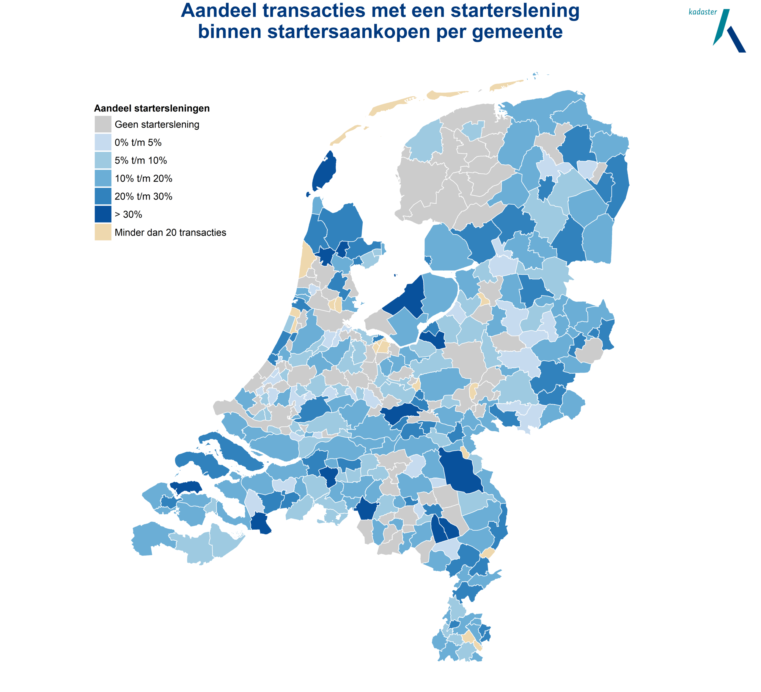 Hypotheekmarkt 1e halfjaar 2026: steeds meer startersleningen 16 Deze kaart toont per gemeente het aandeel startersleningen binnen alle startersaankopen voor het eerste halfjaar van 2025. De laagste klasse is minder dan 2%, de hoogste klasse is meer dan 8%. Er is te zien dat verspreid door het land gebruik wordt gemaakt van startersleningen. Hebt u naar aanleiding hiervan nog vragen? Neem contact op met onze expert woningmarkt met dit formulier: https://formulieren.kadaster.nl/expert_woningmarkt